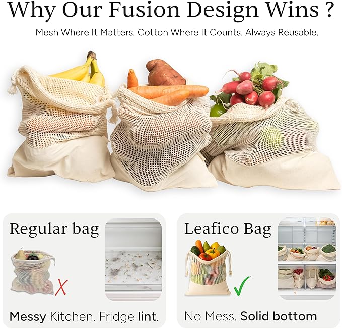 LEAFICO Reusable Produce Bags – 100% Cotton Mesh & Solid Hybrid (Large 12x15 inch 6 Pcs) – Storage Bags for Vegetables, Toys, Clothes, Travel Packing – Washable, Plastic-Free, Breathable, Zero Waste