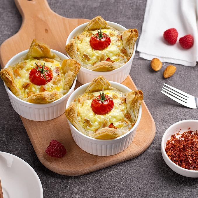 DELLING Ramekins 12 Oz Oven Safe Set of 6, Porcelain Souffle Dish for Baking - Creme Brulee Bowls for French Onion Soup Lava Cake Pudding, Stackable, White