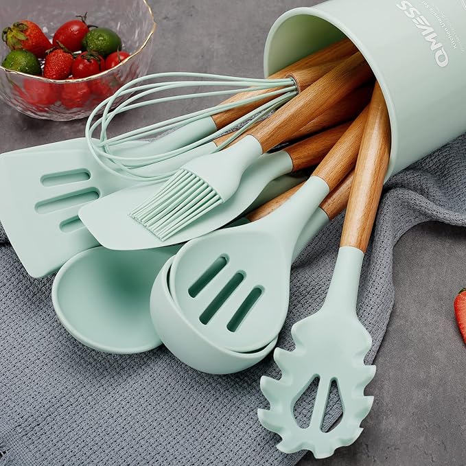 QMVESS Silicone Kitchen Utensils Set, 35 Pcs Non-Stick Cooking Utensils Set, Sturdy Insulation Wooden Handle Kitchen Accessories for Cooking with Spatula Set and Spoons Set Gadgets (Light Green)