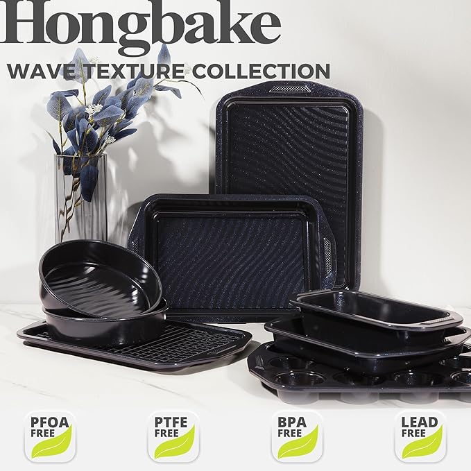 HONGBAKE 9-Piece Non Stick Baking Pans Set with Wave Texture for Reduced Oil, 0.8mm Thick Non Toxic Bakeware Sets, Includes Stackable Cookie Sheets for Oven Cooking, Cake Pan, Muffin Pan, Blue