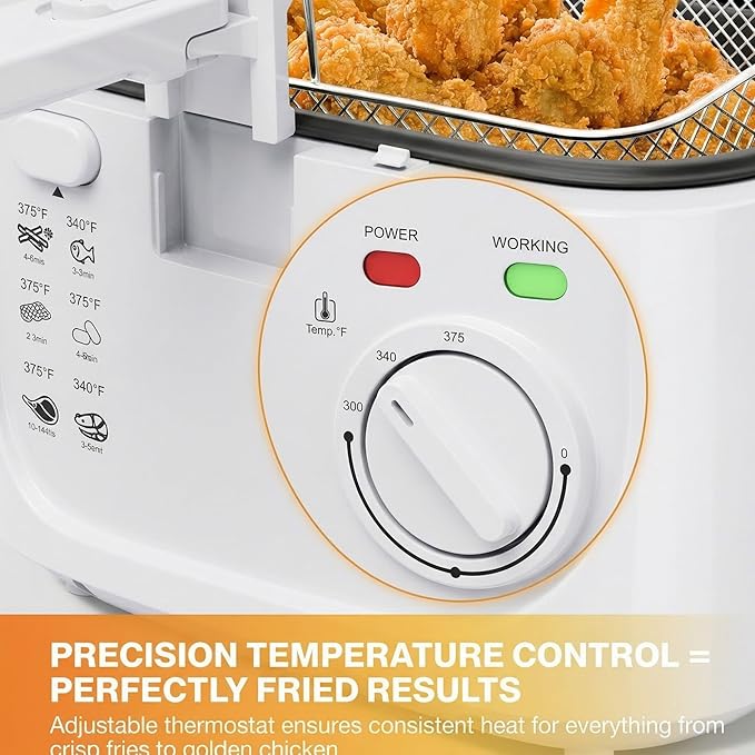 KEINVE 1500W Electric Deep Fryer with 3 Temperature Settings, 2.5L Oil Fryer with Non-Stick Basket & Viewing Window, Folding Handle and Locking Cover for Easy Storage, White