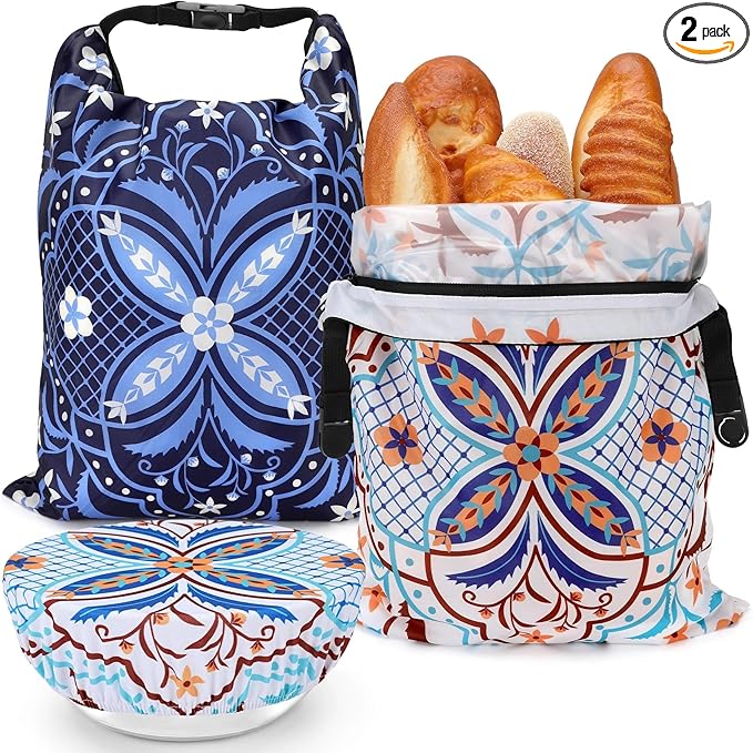 2 Pack Reusable Bread Bags for Homemade Bread, 17"×13" Sourdough Bread Storage Bags with Bowl Cover - Keep Loaf Fresh and Easy to Wash(Morocco Style)