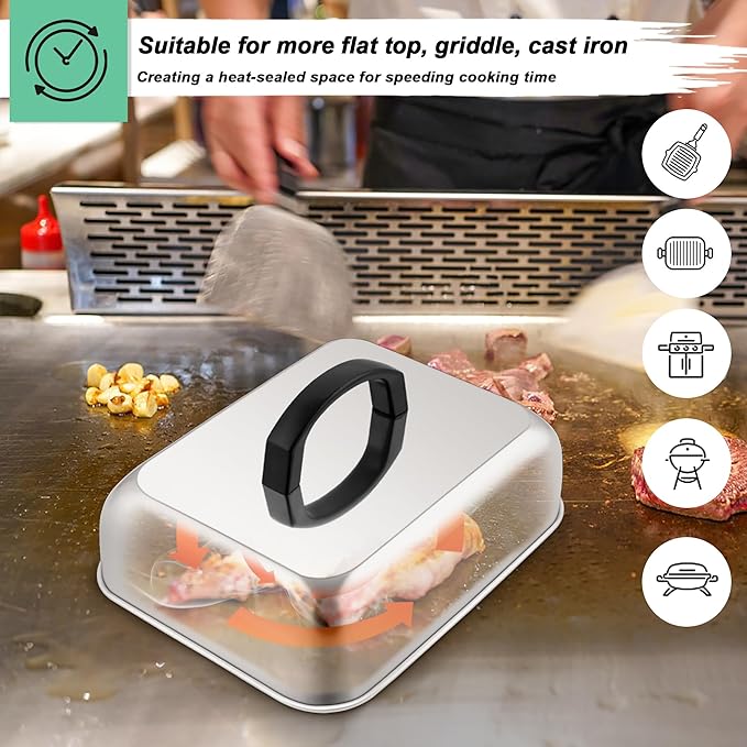 HaSteeL Cheese Melting Dome & Burger Press, Stainless Steel Basting Steaming Cover & Round Cast Iron Bacon Press, Ideal for Flat Top Griddle Grill Hibachi Stove Barbecue, Heavy Duty & Easy to Clean