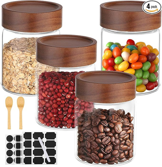 11oz Glass Jar with Airtight Lid, 4 Pack 320ml Glass Storage Jars with Wooden Lids, Wood Screw Top Kitchen Canister Clear Food Containers for Sugar, Coffee, Tea, Bean, Overnight Oats, Cookie
