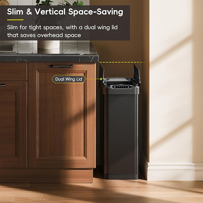 EKO Phantom-T 13.2 Gallon/ 50L Automatic Sensor Kitchen Trash Can, Slim Stainless Steel Touchless Garbage Bin with Soft-Close Dual Wing Lid for Home & Office, Matte Black