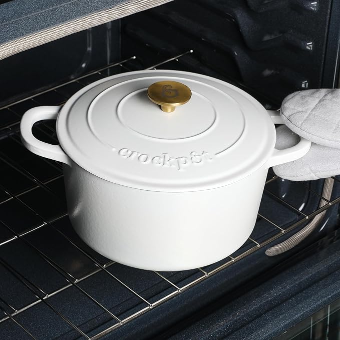 Crock-Pot Artisan 7-Quart Round Dutch Oven – Matte Linen White with Gold Knob, Enameled Cast Iron Cookware