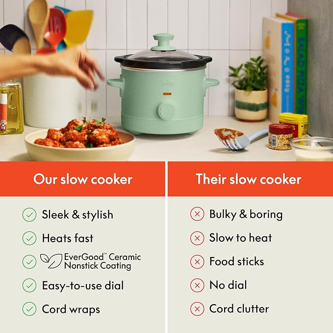 bella 1.5 Qt Slow Cooker with 3 Heat Manual Control, Ceramic Nonstick Coating, Dishwasher Safe Stoneware Pot and Tempered Glass Lid, Tangle Free Cord Wrap & Cool Touch Handles, Seaglass