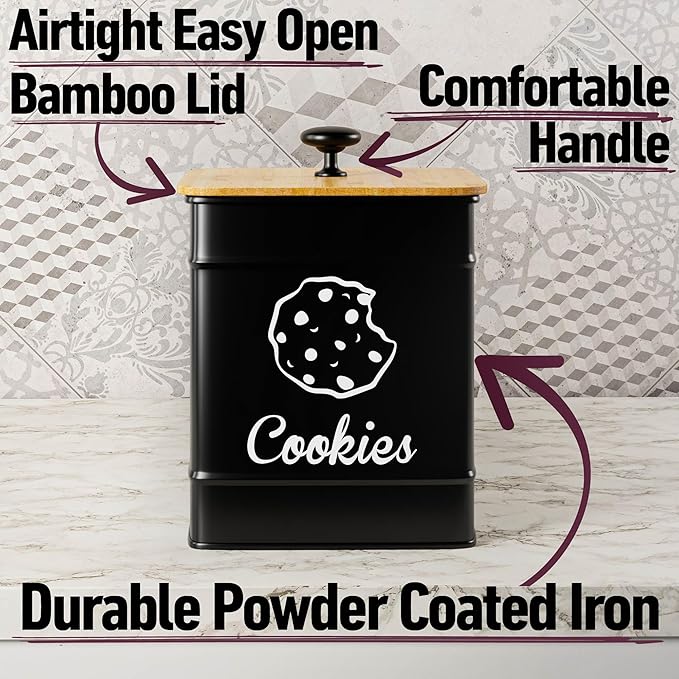 Cookie Jar with Airtight Lid - 1 Gallon - 6"D x 8"H Iron Cookie Tin with Bamboo Lid - Large Cookie Jars with Lids Airtight - Farmhouse Cookie Jars for Kitchen Counter Decorative - Cookies Jar