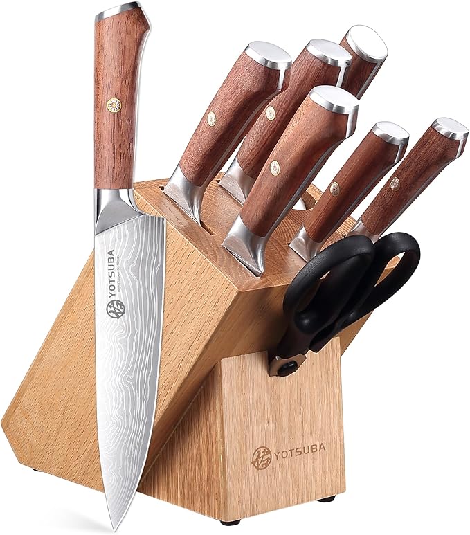 YOTSUBA 8 PCS Japanese Kitchen Knife Set with Block, Professional Ultra Sharp High Carbon Stainless Steel Chef Knives, Ergonomic Natural Rosewood Handle for Kitchen