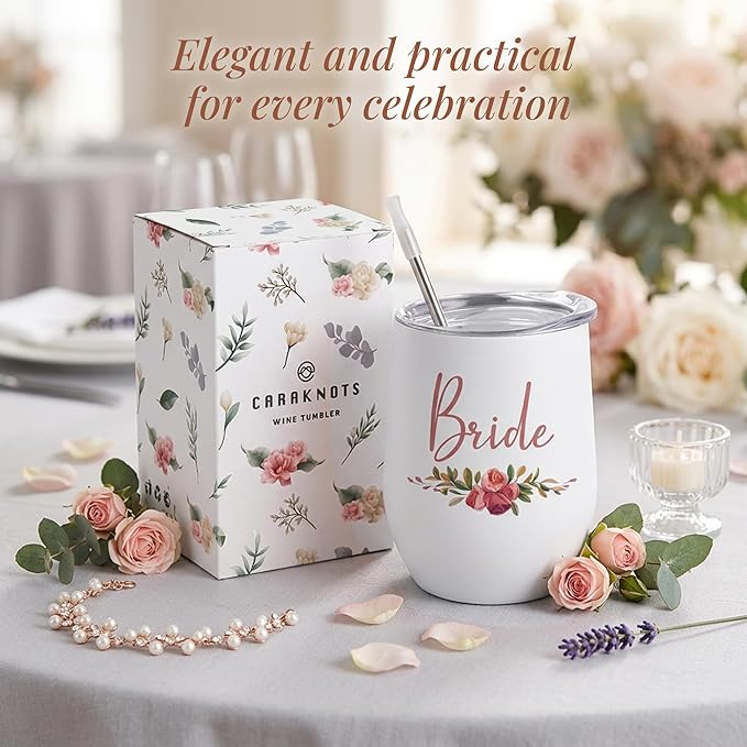 CARAKNOTS Bride Tumbler 12 oz - Insulated Stainless Steel Wine Tumbler with Lid and Straw - Bridal Shower, Engagement & Wedding Morning Gift, Keepsake for the Bride Futrue Mrs Cup