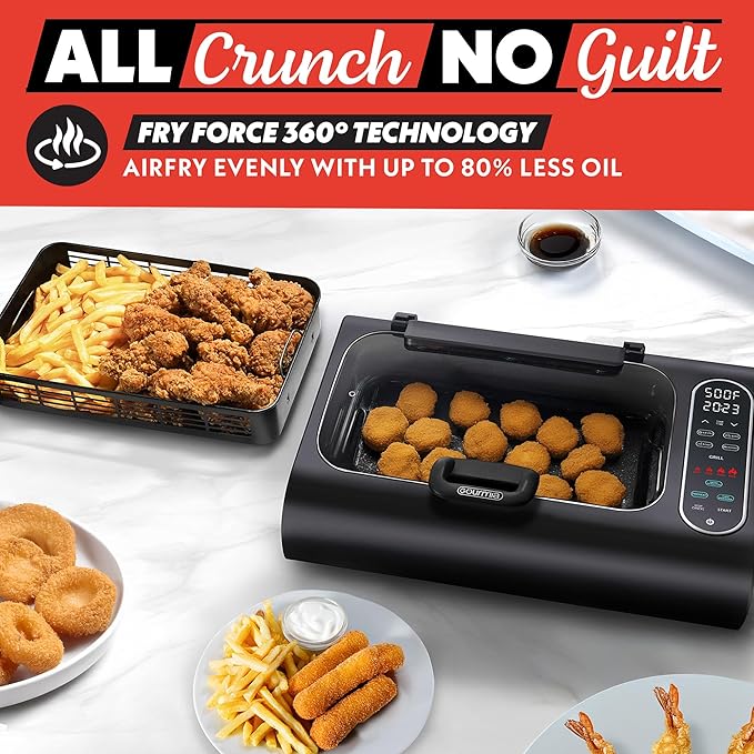 Gourmia Smokeless Indoor Grill - Air Fryer Combo with Smoke Extractor, 5 Cooking Presets, Grill, Air Fry, Roast, Bake, Dehydrate, Countertop Cooker, Glass Lid
