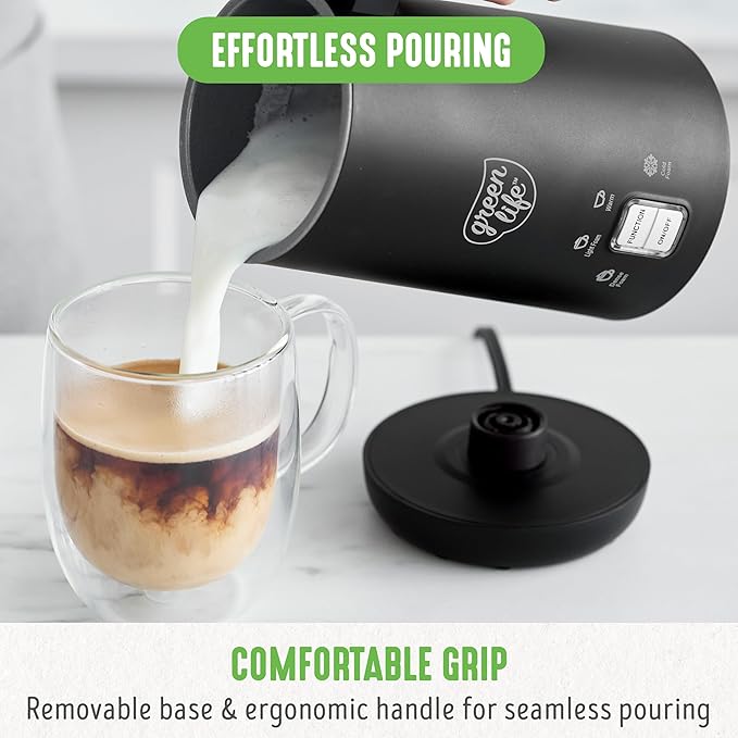 GreenLife Ceramic Electric Milk Frother, 10oz, 4-in-1, Auto Hot and Cold Foam, Dense and Light Foam, PFAS Free, Cordless Milk Warmer and Steamer for Latte, Coffee, Black