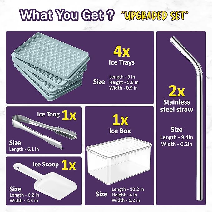 Mini Ice Cube Tray Set & Silicone Ice Cube Tray Set - 8 Trays, 2 Bins, 2 Scoops, 2 Tongs & 4 Straws