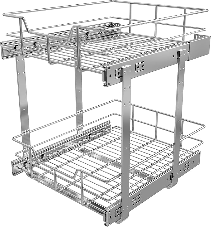 2 Tier Pull Out Cabinet Organizer 15" W X 17" D, Slide Out Drawers for Kitchen Cabinets, Pull Out Drawers for Cabinets Capacity Heavy Duty Caddy, Cabinet Pullout Shelves Chrome-Plated,Bathroom Pantry