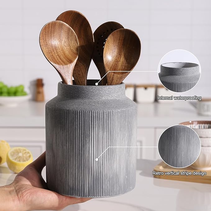 Farmhouse Ceramic Farmhouse Kitchen Utensil Holder for Countertop, Rustic Cooking Utensil Holder Crock Fit for Kitchen Counter.Grey 6.1 x 6.1 x 7 IN