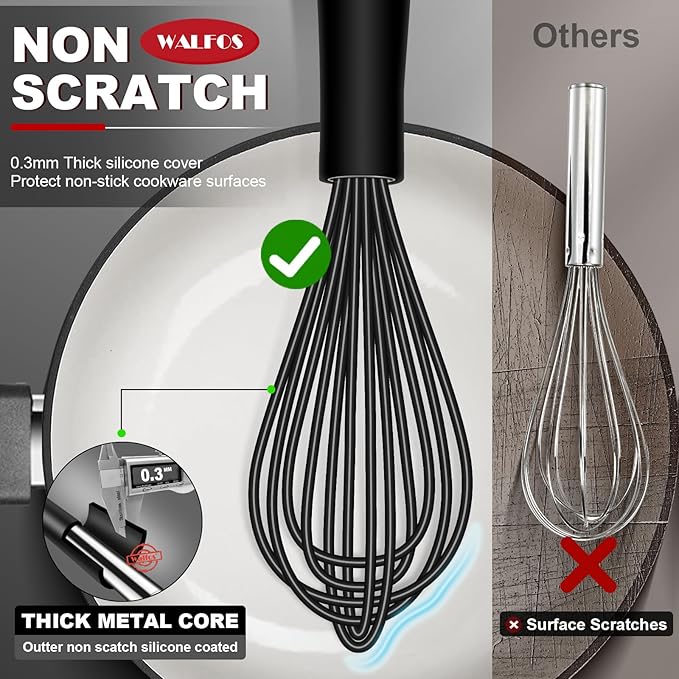 Walfos Silicone Whisk With 8in Rest,Whisks for Cooking Non Scratch,7.5+9+11in Whisk for Nonstick Cookware,Dishwasher Safe,Rest for Kitchen Counter Wisk Perfect for Blending, Baking, Beating, Set of 4