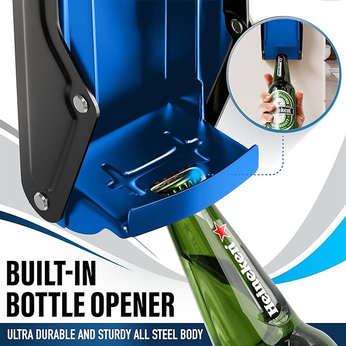 Can Crushers for Recycling - 16 oz Heavy Duty Aluminum Can Crusher Wall Mounted - Soda and Beer Can Smasher for Recycling with Bottle Opener - For 12 and 16 oz Cans - Easy to Install, Blue - RamPro