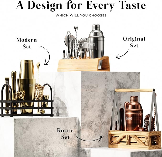 BARE BARREL® Mixology Bartender Kit Bar Set | 16-Piece Cocktail Shaker Set | Martini Barware Mixing Tools for Home Bartending | Incl. 35 Recipe Cards | Gift Set (24oz Cobbler Shaker, Jet Black/Black)