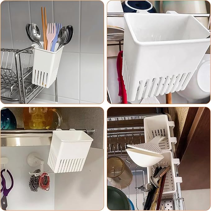 2PCS Silverware Drainer Drying Basket for Sink – Compact Kitchen Utensils Holder, Cutlery Storage Organizer with Cup, Dish Hanging Drain Rack for Forks, Spoons, Knives & Chopsticks (White, Plastic)