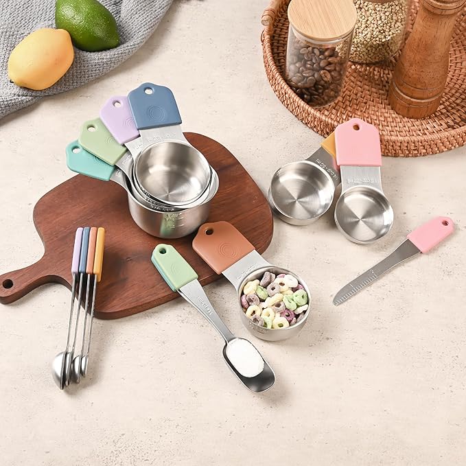 Smithcraft Magnetic Measuring Cups & Spoons Set 15, Stainless Steel Measuring Cups and Spoons Set, Color Heavy Duty Metal Measuring Cups&Spoons Set w/Leveler & Measure Equivalents for Cooking & Baking