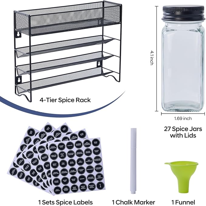 Spice Rack Organizer with 27 Spice Jars with Black Lids, Funnel, Spice Labels, Pen, Seasoning Organizer for Cabinet, Countertop, Pantry, Kitchen,Cupboard or Door & Wall Mount