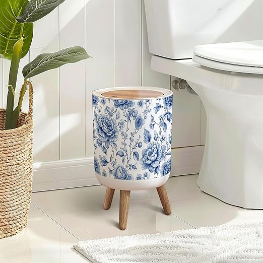 Trash Can with Lid Bloom Vintage floral seamless Spring flowers Blue white Chinoiserie Press Top Round Small Garbage Bin with Wooden Legs Waste Basket for Kitchen Bedroom Nursery 7L/1.8 Gallon