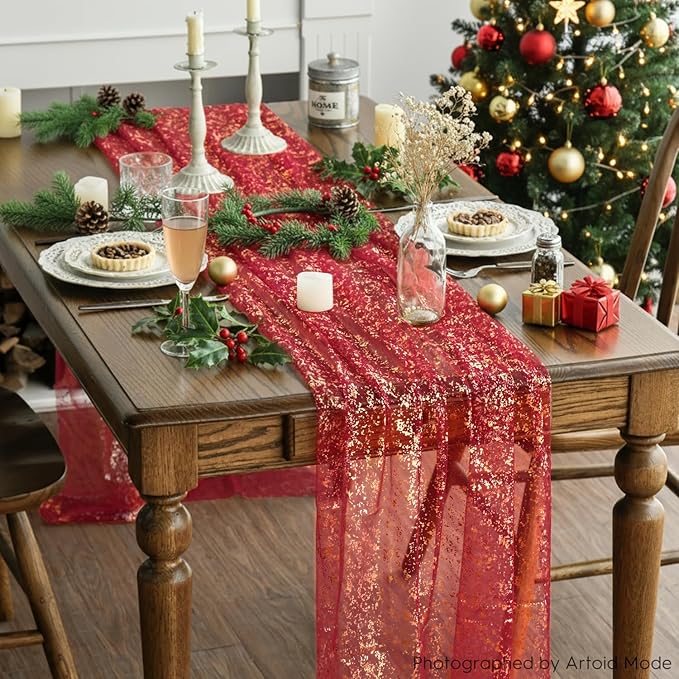 Artoid Mode 3PCS Red Gold Gauze Table Runner 120 Inch 10FT, Glitter Metallic Foil Sheer Dining Wedding Anniversary Holiday Table Decor for Home Party