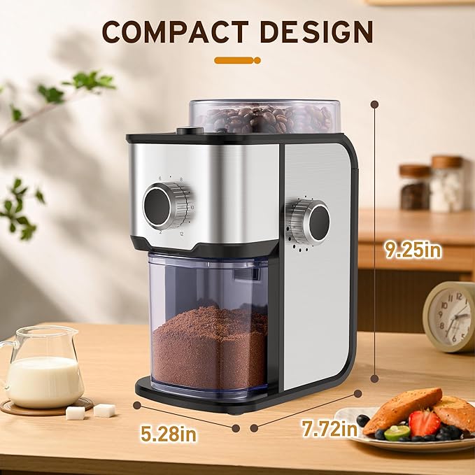 Ollygrin Flat Burr Coffee Grinder Electric, Adjustable Coffee Grinder for Home Use, Compact Coffee Beans Grinder with 14 Grind Settings, 2-12 Cups for Home & Office
