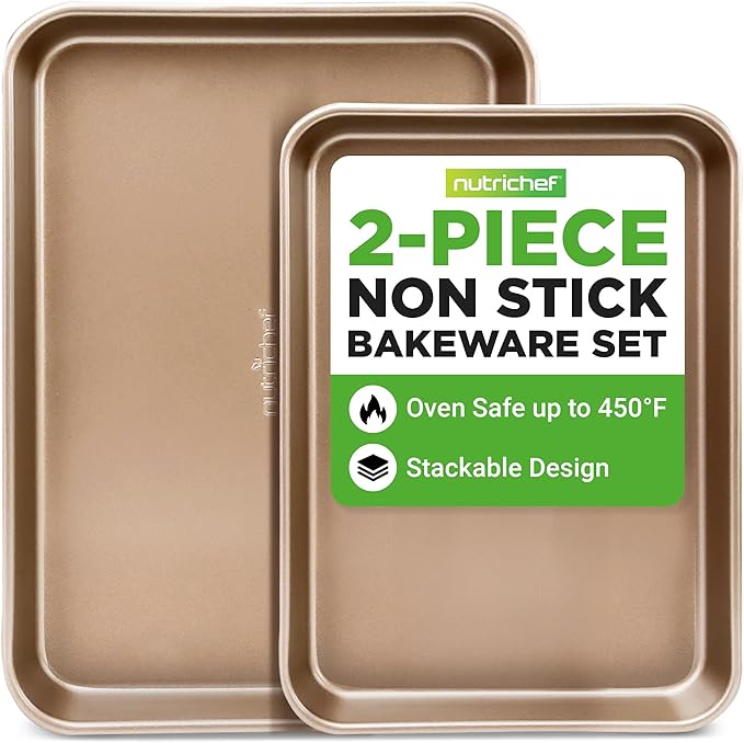 NutriChef 2-Piece Nonstick Stackable Cookie Sheet Set – Non-Toxic Carbon Steel Baking Pans – Heavy Duty, Warp-Resistant, Easy to Clean, Oven & Dishwasher Safe Bakeware