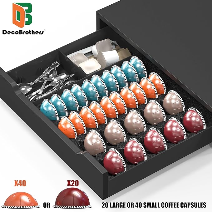 Deco Brothers Vertuoline Pod Holder Drawer with Adjustable Divider, Compatible with Nespresso 40 Small or 20 Large Capsules Coffee Bar Station, Wood Top Stand with Side Storage for Accessories, Black