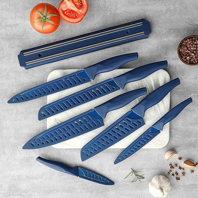 Wanbasion 7 Piece Blue Kitchen Knife Set with Magnetic Strip, Kitchen Knife Set Stainless Steel, Sharp Knife Set for Kitchen for Meat Vegetable Cutting