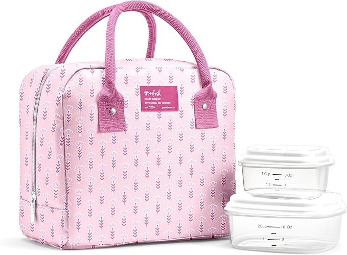 Fit & Fresh Bloomington Lunch Bag for Women - Insulated Large Lunch Box for Work with Containers, Leak-Resistant, Stain-Resistant, Zipper Closure, Tiny Pink Flowers