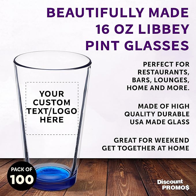 Custom Libbey Pint Glass 16 oz. Set of 100, Personalized Bulk Pack - Beer Glasses, Heavy Duty Drinkware - Blue