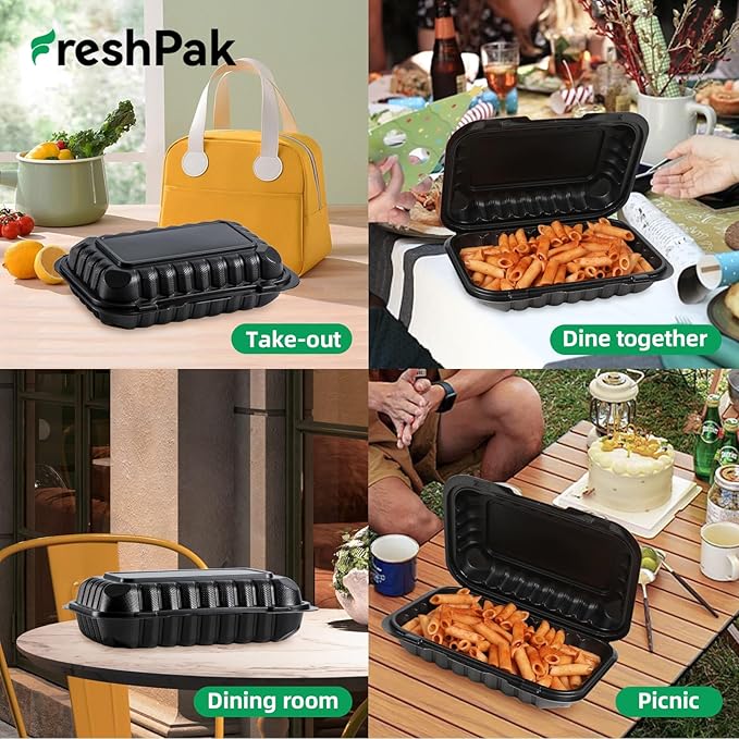 Plastic Containers Mineral Filled PP - 50 Pack 9x6 27 oz Shrink Wrap BPA Free | Stackable Meal Prep Clamshell Food Container | Reusable Microwave Safe Leftovers Takeout | Catering To Go Box