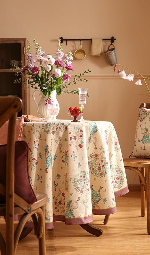 patdrea Designer Linen Beige Round Tablecloth,Vintage Italian Trees Pattern Table Cloth,Decoration Table Cover Cloth for Kitchen Dining Christmas,Tea Party,Thanksgiving,Diameter 67"-Tatiana a