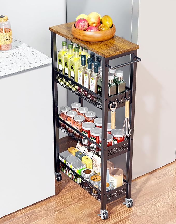 OKZEST Utility Slim Storage Cart, 4 Tier Small Rolling Kitchen Laundry Room Cart with Wood Top, Metal Narrow Bathroom Storage Cabinet Mobile Shelf Unit Organizer Trolley with Handle for Narrow Space