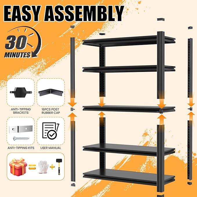 72" H Garage Shelving, Heavy Duty Storage Shelves, Garage Storage Shelves, Adjustable 5 Tier Metal Shelving Unit, Utility Shelves for Warehouse Backyard, 72" H×48" W×24" D