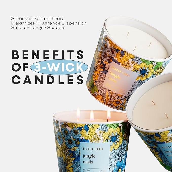 Hidden Label Jungle Oasis Scented Candle, 3 Wick Large Candles for Home, 30oz Natural Soy Candles for Home Scented,100 Hour Burn Time, Long Lasting Highly Scented Luxury Candle Gift