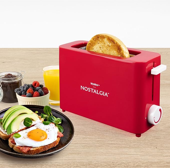Nostalgia MyMini Single Slice Toaster | 1.25" Wide Slot, Portion Control, Compact Design, Adjustable Temperature, Cancel, Defrost, and Bagel Button | Removable Crumb Tray | Red