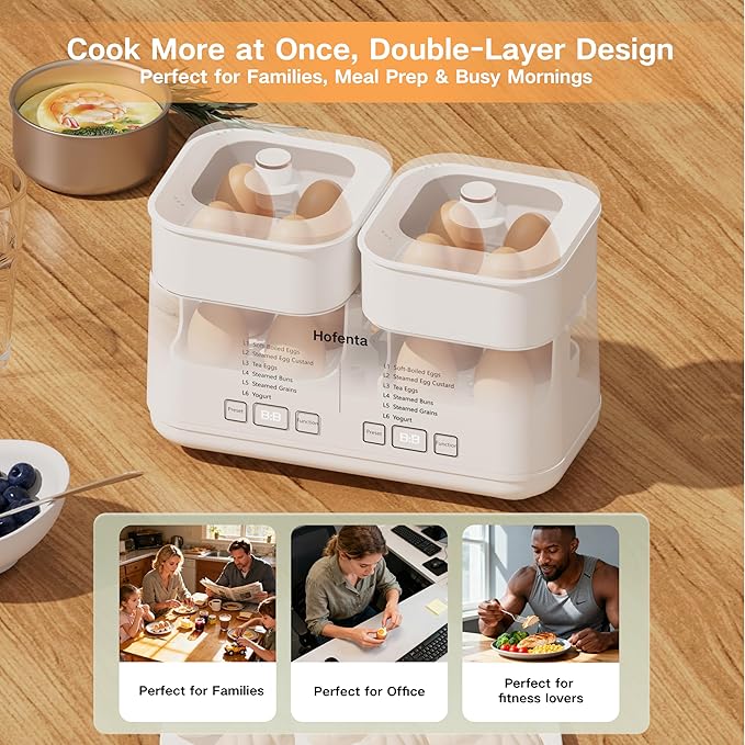 Rapid Electric Egg Cooker for Hard Boiled Eggs,Egg Boiler with Timer(0.5-9.5H), Auto Shut-Off/2 Tiers, 16 Eggs Capacity,Egg Steamer for Soft/Hard/Poached Boiled Eggs