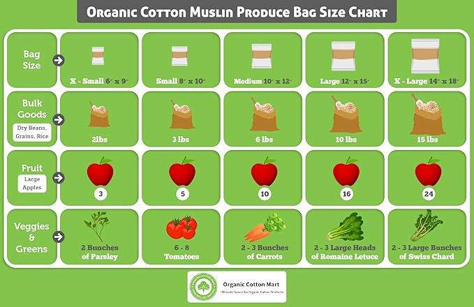 Reusable Grocery Bags for Produce - Small Size Muslin Bags for Brewing and Making Tea - Made of 100% Organic Cotton with Drawstring - Set of 3 (Small - 8"x10")
