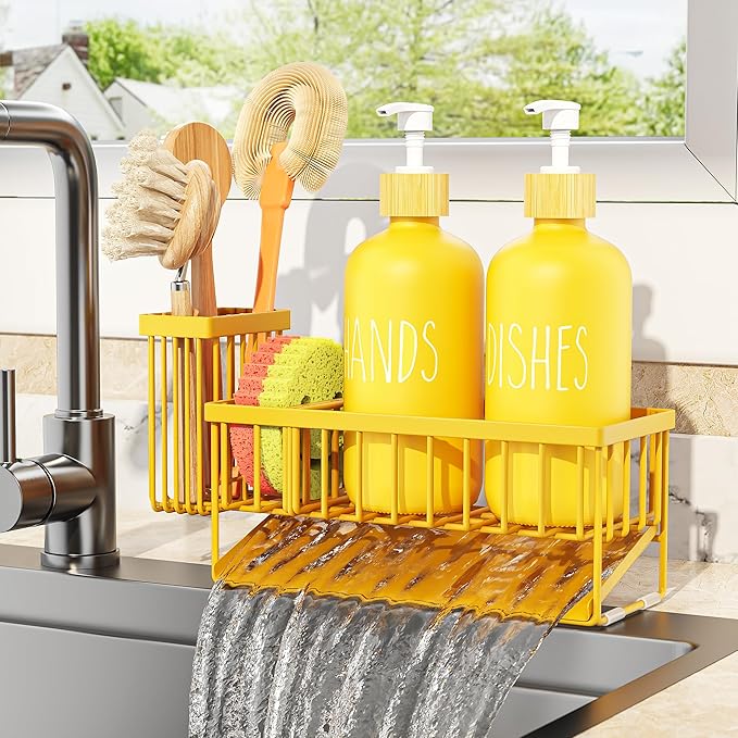 Cisily Yellow Dish Soap Dispenser Set, 16 fl Oz Dual Kitchen Soap Dispensers with Sponge Holder, Customized Stainless Steel Kitchen Soap Dispenser Set, Lemon Kitchen Decor and Accessories