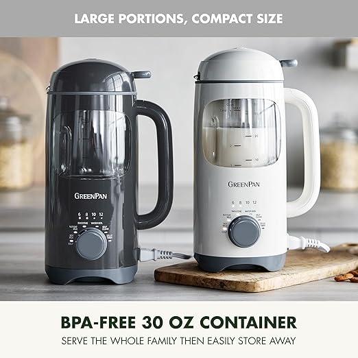 GreenPan Nut Milk Maker, 15-in-1 Homemade Soy, Almond, Oat, Coconut, Non-Dairy, Rice, Soup, Baby Food, BPA-Free, Smooth Creamy Texture, Self Clean, Barista Quality Milk, Delay Start, Boil Water, Cream