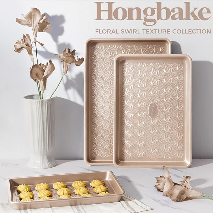HONGBAKE Nonstick Baking Sheet Pan Set of 3, Cookie Sheets for Oven, Non-Toxic Half/Quarter/Jelly Roll Pans with Floral Swirl Texture, Heavy Duty 0.8mm Thick Oven Trays for Cooking, Champagne Gold