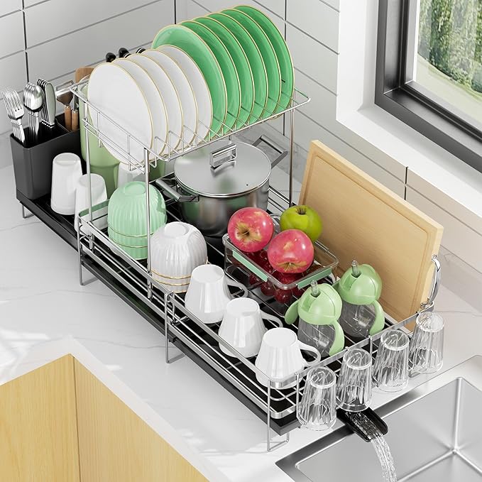 Large 2 Tier Dish Drying Rack, Extendable Dish Rack, Stainless Steel Anti-Rust Dish Rack for Kitchen Counter, Multifunctional Dish Drainer with Utensil & Cup Holder, 13.4"-28.7" L x 11.8" W