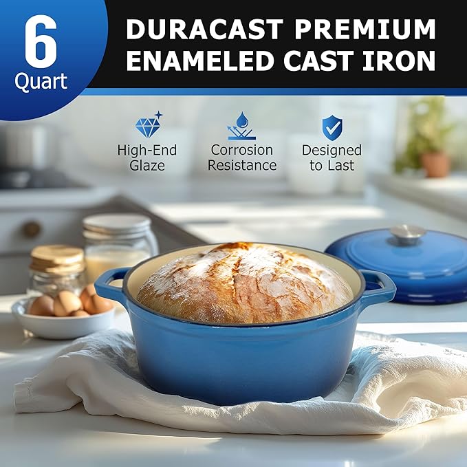 Mueller 6qt Enameled Cast Iron Dutch Oven, Heavy-Duty Casserole and Braiser Pan with Lid and Knob, Oven-Safe up to 500° F & Across All Cooktops, Aqua Blue