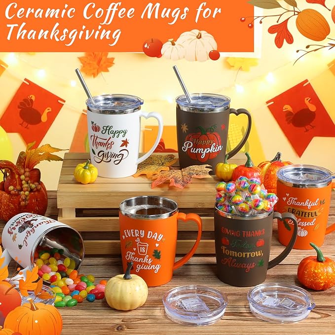 6 Pcs Thanksgiving Coffee Mugs Cups 16 Oz Fall Stainless Steel Insulated Tumblers Bulk with Handle Lid Straw Brushes Happy Thanksgiving Pumpkin Turkey Mugs Thankful Gifts for Party Birthday