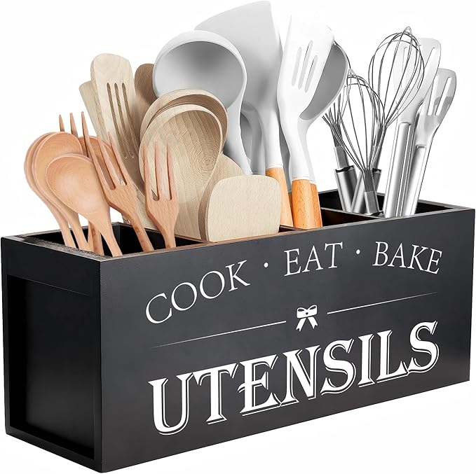 Suli Extra Large Kitchen Utensils Holder with 4 Compartments, Wooden Utensil Organizer for Kitchen Countertop, Farmhouse Kitchen Decor, Rustic Cooking Utensil - Black