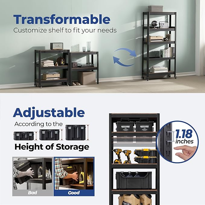 HOMEDANT House 5-Tier Metal Rolling Cart Shelf Rack Casters Heavy Duty Wheel Shelving Unit Adjustable Utility Storage Shelves Organizer Shelf Kitchen Garage 24.4" W x 16.5" D x 62.2" H 10Pack