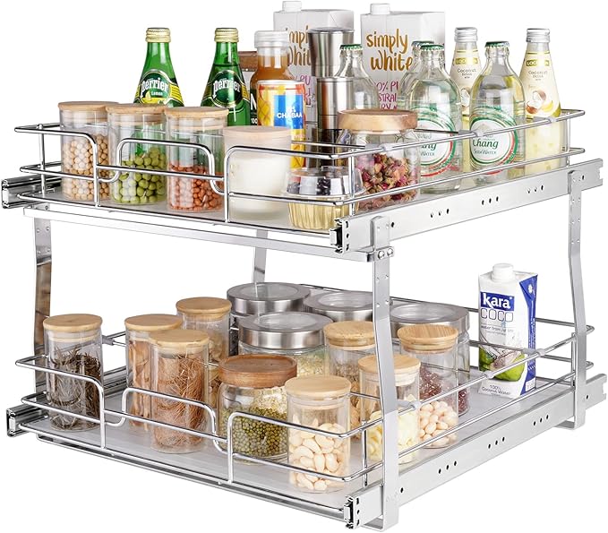 VEVOR 2 Tier 20"Wx21.2"Dx15.2"HPull Out Cabinet Organizer, Heavy Duty Slide Out Pantry Shelves, Steel Roll Out Drawers, Sliding Drawer Storage for Home, 21.5"Wx22.5"Dx19"H Install Size for Cabinet
